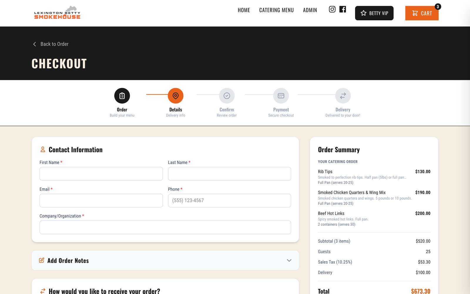 Checkout: order, details, confirm, payment, and delivery steps with the order summary alongside
