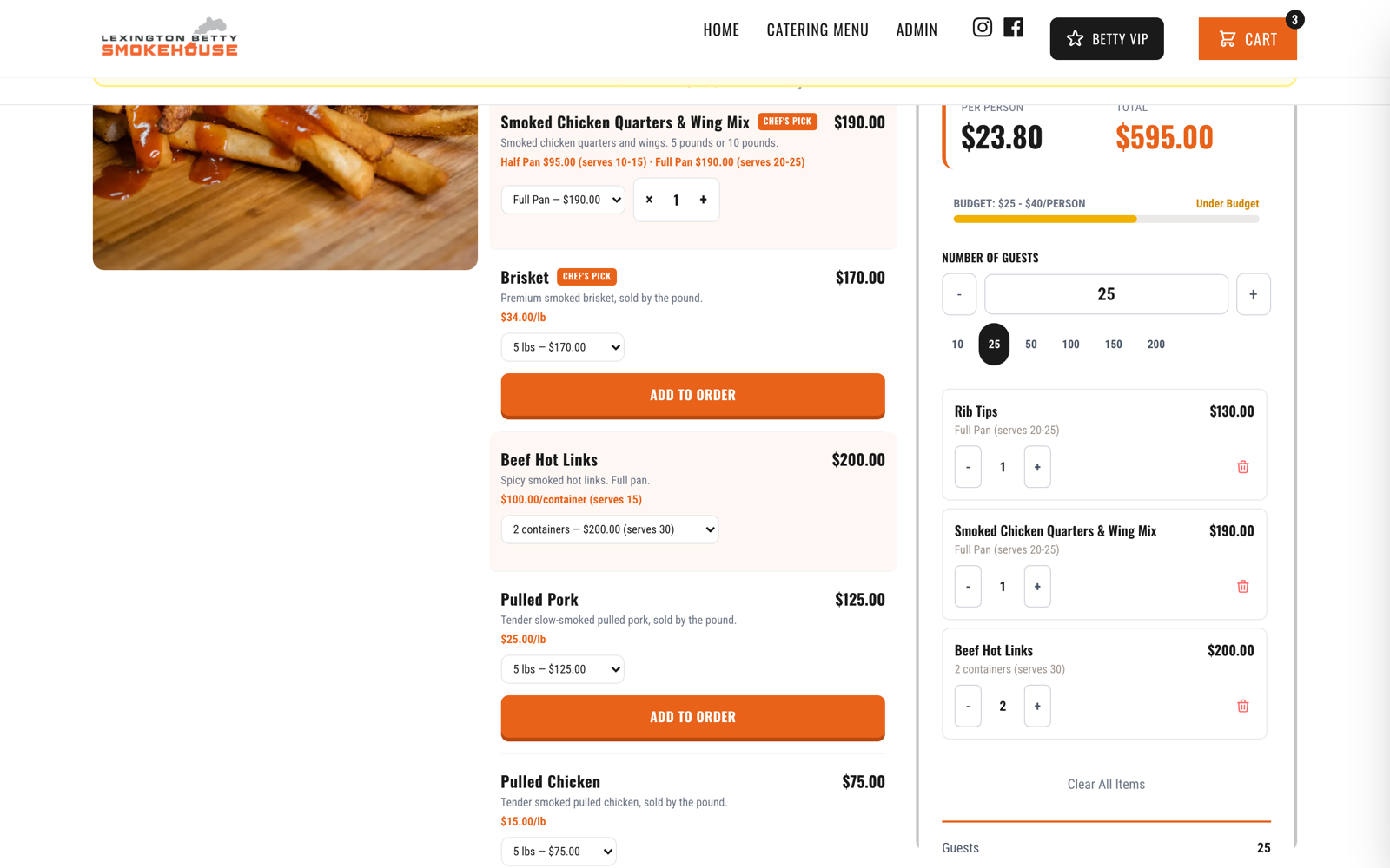 Building the order: every pan shows what it serves, with a running per-person price and budget meter