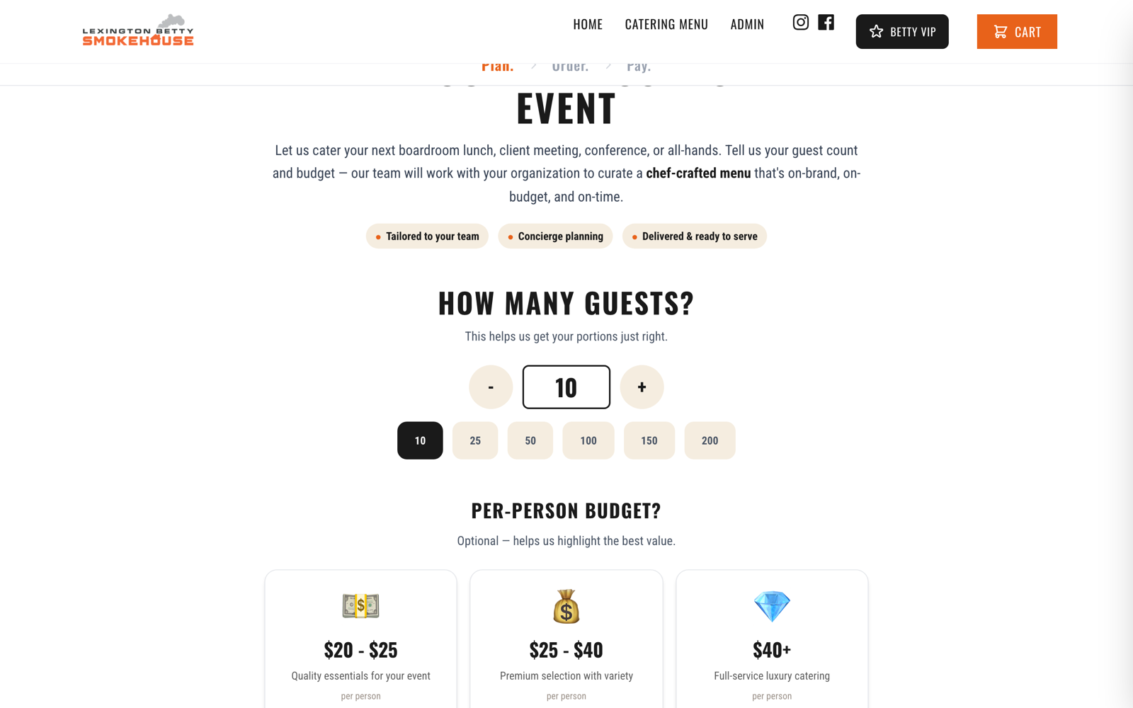 Step one of the wizard: how many guests, with quick-pick counts and an optional per-person budget